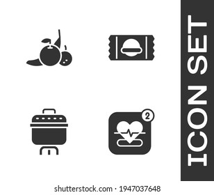 Set Mobile with heart rate, Fruit, Cooking pot and Sports nutrition icon. Vector