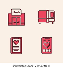 Set Mobile with heart rate, Gym building, Bed and Medical clipboard icon. Vector