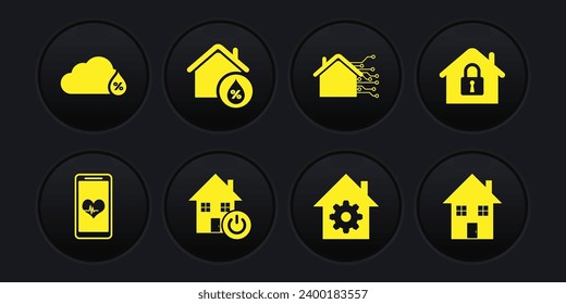 Set Mobile with heart rate, House under protection, Smart home, settings, humidity,  and Humidity icon. Vector