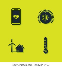 Set Mobile with heart rate, Humidity, House wind turbine and Thermostat icon. Vector