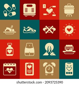 Set Mobile with heart rate, Junk food, Sun, Attention to health, Sport sneakers, Healthy, Vitamin pill and No junk icon. Vector