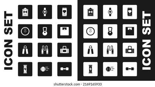 Set Mobile with heart rate, Kettlebell, Weight plate, Sport training program, Bathroom scales, Smartwatch, bag and expander icon. Vector