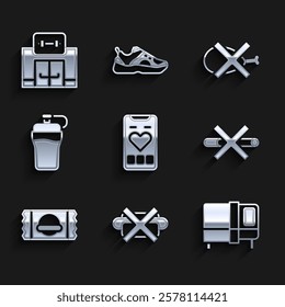 Set Mobile with heart rate, No junk food, Bed, Smoking, Sports nutrition, Fitness shaker, meat and Gym building icon. Vector