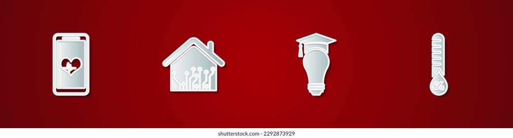 Set Mobile with heart rate, Smart home, Light bulb and graduation cap and Humidity icon. Vector