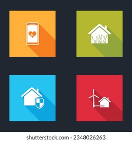 Set Mobile with heart rate, Smart home, House under protection and wind turbine icon. Vector