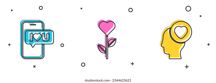 Set Mobile with heart, Heart shape in flower and Head icon. Vector