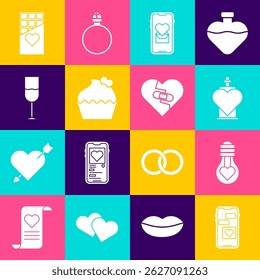 Set Mobile with heart, Heart shape in light bulb, Bottle love potion, Wedding cake, Wine glass, Chocolate bar and Healed broken icon. Vector