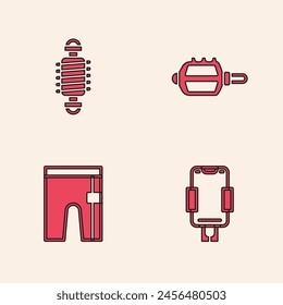 Set Mobile holder, Bicycle suspension, pedal and Cycling shorts icon. Vector