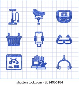 Set Mobile holder, Gloves, Bicycle brake calipers, Sport cycling sunglasses, rental mobile app, basket, Gps device with map and air pump icon. Vector