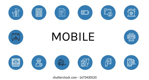 Set of mobile icons. Such as Bitcoin, Tablets, Coding, Battery, Secure, Home automation, Stage, Editor, Caravan, Music player, Bill, Payment, Billboard, Generator , mobile icons