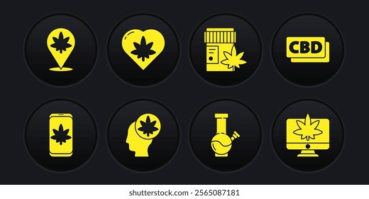 Set Mobile and marijuana or cannabis, Cannabis molecule, Head with, Glass bong for smoking, Medical bottle, Marijuana leaf heart, Monitor and Location icon. Vector