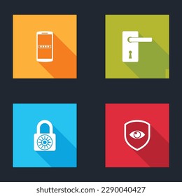 Set Mobile and password, Door handle, Safe combination lock wheel and Shield eye icon. Vector