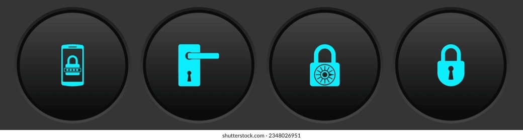 Set Mobile and password, Door handle, Safe combination lock wheel and Lock icon. Vector