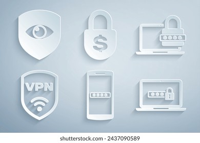 Set Mobile and password, Laptop with, Shield VPN wireless, , Money lock and eye icon. Vector