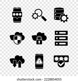 Set Mobile and password, Magnifying glass gear, Server, Cloud download upload, with exclamation mark, Password protection, shield and computing lock icon. Vector