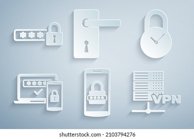Set Mobile and password, Padlock with clock, Two steps authentication, Server VPN, Door handle and Password protection icon. Vector