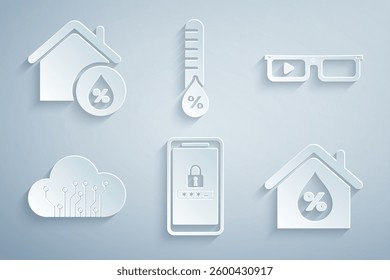 Set Mobile and password protection, Smart glasses, Internet of things, House humidity, Humidity and  icon. Vector