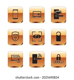 Set Mobile and password, Two steps authentication, Digital door lock with wireless, Eye scan, Shield VPN and  icon. Vector