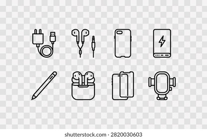 Set of mobile phone accessories icons, smartphone gadgets, charging cable, earphones, case, power bank, stylus, screen protector, car holder