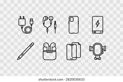 Set of mobile phone accessories icons, smartphone gadgets, charging cable, earphones, case, power bank, stylus, screen protector, car holder