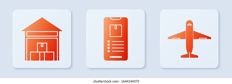 Set Mobile phone with app delivery tracking , Warehouse  and Plane . White square button. Vector
