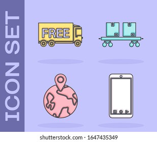 Set Mobile phone with app delivery tracking, Free delivery service , Worldwide  and Railway carriage  icon. Vector