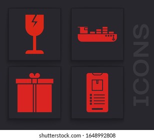 Establecer teléfono móvil con seguimiento de entrega de aplicaciones , símbolo de vidrio quebrado Frágil, envío de carga con servicio de entrega de cajas y icono de la caja de regalo. Vector