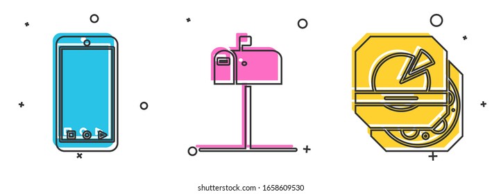 Set Mobile phone with app delivery tracking, Open mail box  and Pizza in cardboard box  icon. Vector