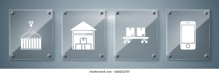 Establecer teléfono móvil con seguimiento de entrega de aplicaciones, transporte ferroviario , Almacén y Contenedor en grúa. Paneles de vidrio cuadrado. Vector