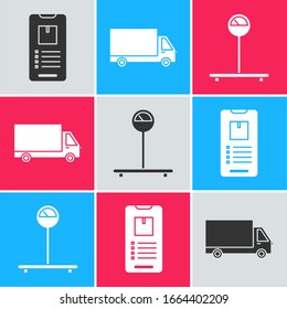Set Mobile phone with app delivery tracking , Delivery cargo truck vehicle  and Scale  icon. Vector