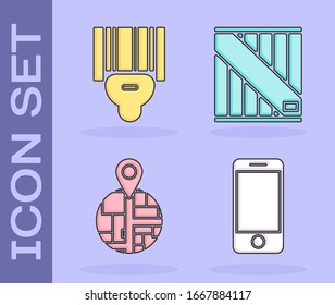 Set Mobile phone with app delivery tracking, Scanner scanning bar code , Placeholder on map paper in perspective  and Wooden box  icon. Vector