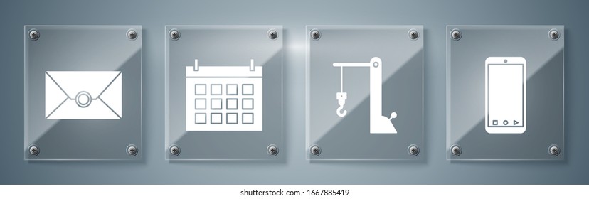 Establecer teléfono móvil con seguimiento de entrega de aplicaciones, grúa puerto puerto puerto, Calendario y sobre. Paneles de vidrio cuadrado. Vector