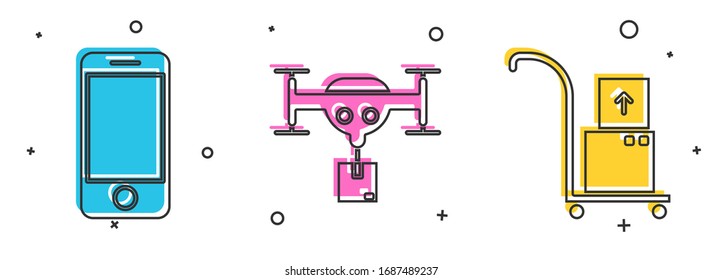 Set Mobile phone with app delivery tracking, Delivery drone with the package  and Hand truck and boxes  icon. Vector