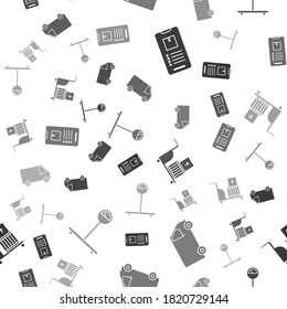 Set Mobile phone with app delivery tracking , Delivery cargo truck vehicle , Electric hand truck and boxes  and Scale  on seamless pattern. Vector