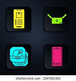 Set Mobile phone with app delivery tracking, Mobile phone with app delivery tracking , Pizza in cardboard box  and Cardboard box with traffic symbol . Black square button. Vector