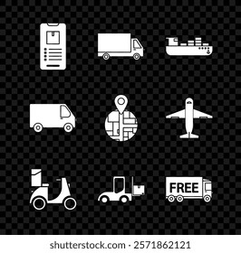 Set Mobile phone with app delivery tracking, Delivery cargo truck vehicle, Cargo ship boxes service, Scooter, Forklift, Free, and  icon. Vector