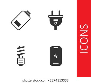 Set Mobile phone, Battery charge, LED light bulb and Electric plug icon. Vector