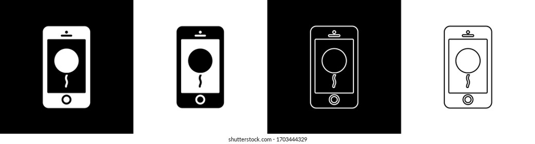 Establezca el teléfono móvil con un icono de mensaje de cumpleaños aislado en fondo blanco y negro. Ilustración vectorial