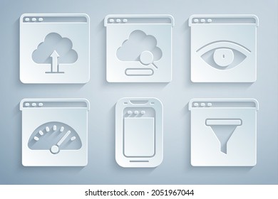 Set Mobile Phone, Browser Incognito Window, Digital Speed Meter, Cloud Technology Data Transfer And Upload Icon. Vector