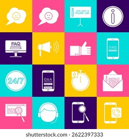 Set Mobile phone call, Envelope, with FAQ information, Information, Megaphone, Monitor, Speech bubble sad smile and Hand thumb up icon. Vector