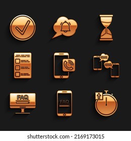 Set Mobile phone call, with FAQ information, Stopwatch, Chat messages mobile, Monitor, Create account screen, Hourglass and Check mark circle icon. Vector