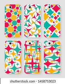 set of mobile phone cases with colorful geometric stars and circles for print, top view isolated on grey background. protection for smartphones. stock vector illustration