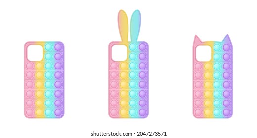 A set of mobile phone cases in the form popit toys for fidgets. The covers are in pastel rainbow colors with bunny and kitty ears and a simple shape. Vector illustration isolated on a white background