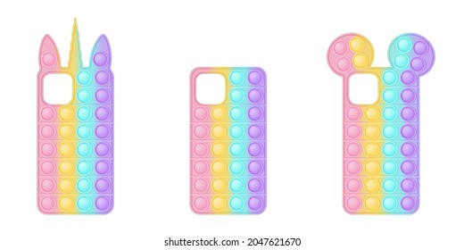 A set of mobile phone cases in the form popit toys for fidgets. The covers in pastel rainbow colors with unicorn and mouse ears and a simple shape. Vector illustration isolated on a white background.