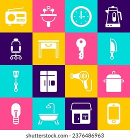 Set Mobile phone, Cooking pot, Knife, Clock, Furniture nightstand, Office chair, Radio and House key icon. Vector