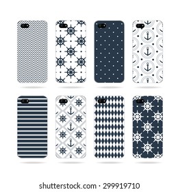 Set of Mobile phone cover back and screen. Vector decorative sea background on phone. Example of design cover.
