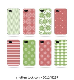 Set of Mobile phone cover back and screen. Vector decorative geometric background on phone. Example of design cover.