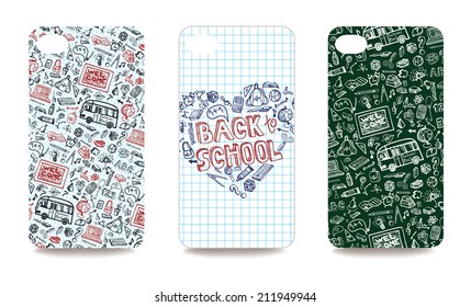 Conjunto de cobertura de teléfono móvil con material escolar Dibujos para portátiles. Parte visible de la máscara de recorte. El ejemplo está listo para imprimir después de la máscara de recorte de liberación.Ilustración vectorial