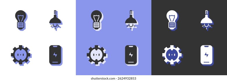 Set Mobile phone, Creative lamp light idea, Electrical outlet and Lamp hanging icon. Vector