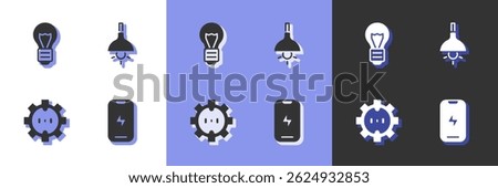 Set Mobile phone, Creative lamp light idea, Electrical outlet and Lamp hanging icon. Vector